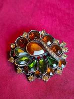 Ancienne broche en métal argenté avec perles fines vertes et, Overige materialen, 4 tot 7 cm, Gebruikt, Overige kleuren