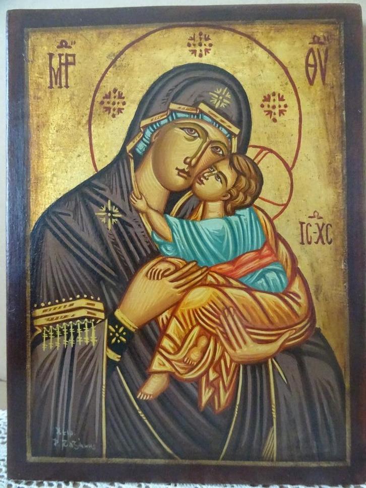 Geschilderd icoon Maria Maagd van Tederheid verguld 21x28cm, Verzamelen, Religie, Gebruikt, Christendom | Katholiek, Overige typen