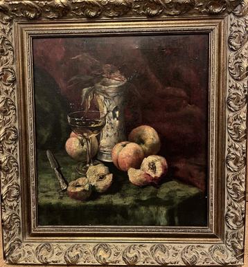 Schilderij stilleven met fruit, vaas, glas, mes  beschikbaar voor biedingen