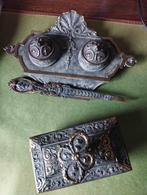 Ancien encrier double en bronze Napoléon III + coupe papier, Brons, Ophalen