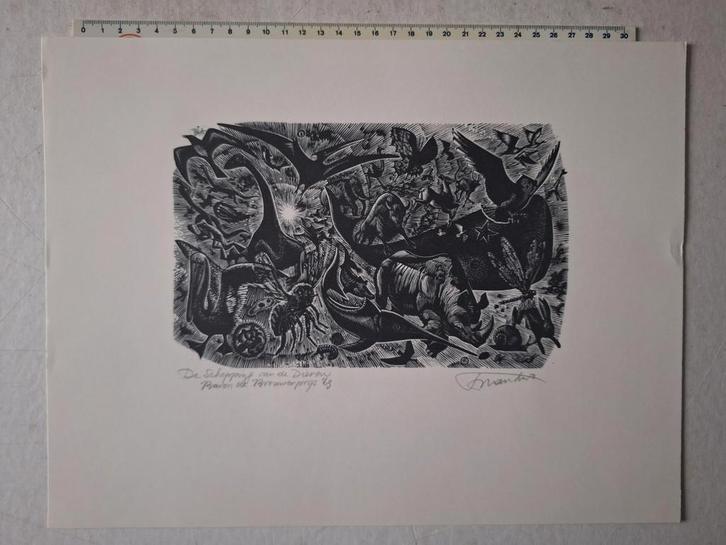 Houtsnede Frank-Ivo Vandamme De schepping van de dieren 1963, Antiek en Kunst, Kunst | Etsen en Gravures, Ophalen of Verzenden