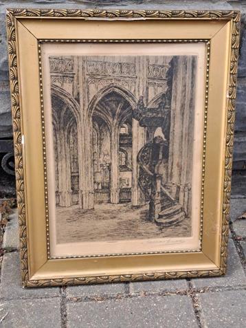 gravure interieur d eglise signe beschikbaar voor biedingen