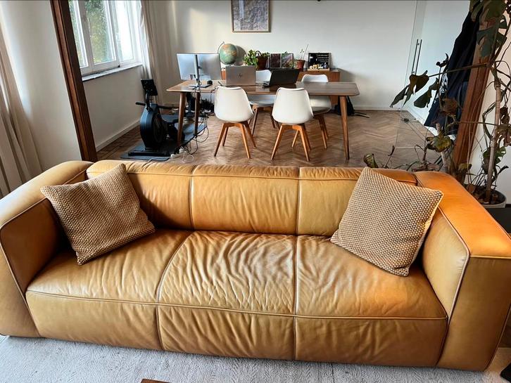 Cognac-kleurige lederen zetel, Huis en Inrichting, Zetels | Zetels en Chaises Longues, Gebruikt, 200 tot 250 cm, 75 tot 100 cm
