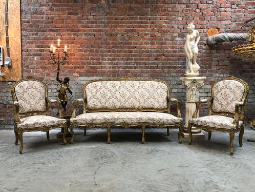 louis xv-stijl salonset met vergulde houten frames, Antiek en Kunst, Antiek | Meubels | Stoelen en Sofa's, Ophalen