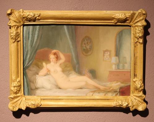Liggend naakt met spiegel in olieverf, Antiek en Kunst, Kunst | Schilderijen | Klassiek, Verzenden