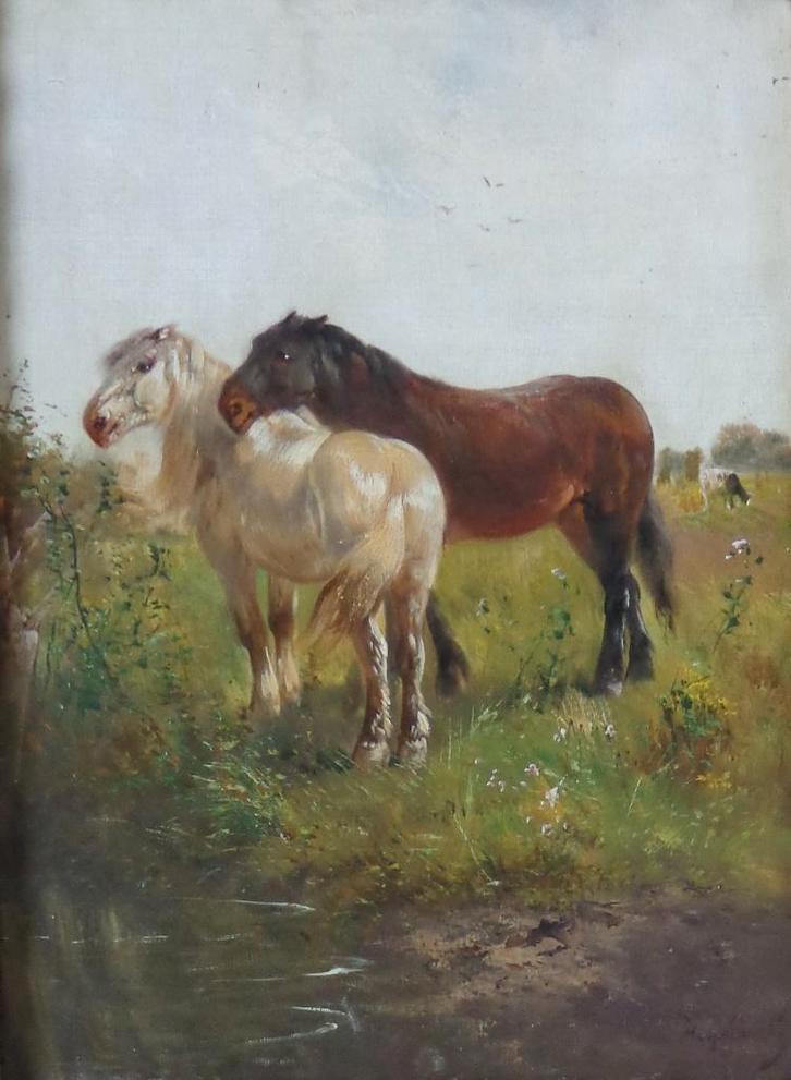 HENRY SCHOUTEN / TWEE PAARDEN / OLIEVERF / 70x55cm / KADER, Antiek en Kunst, Kunst | Schilderijen | Klassiek, Ophalen of Verzenden