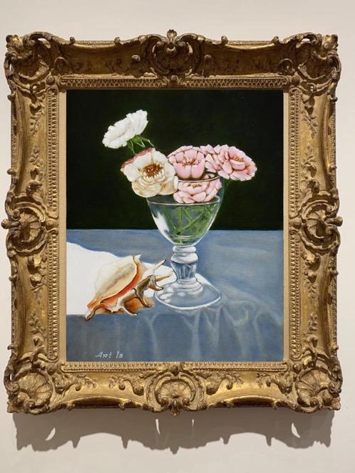 "Zeeschelp en glas met bloemen" Schilderij, Antiek en Kunst, Kunst | Schilderijen | Modern, Verzenden