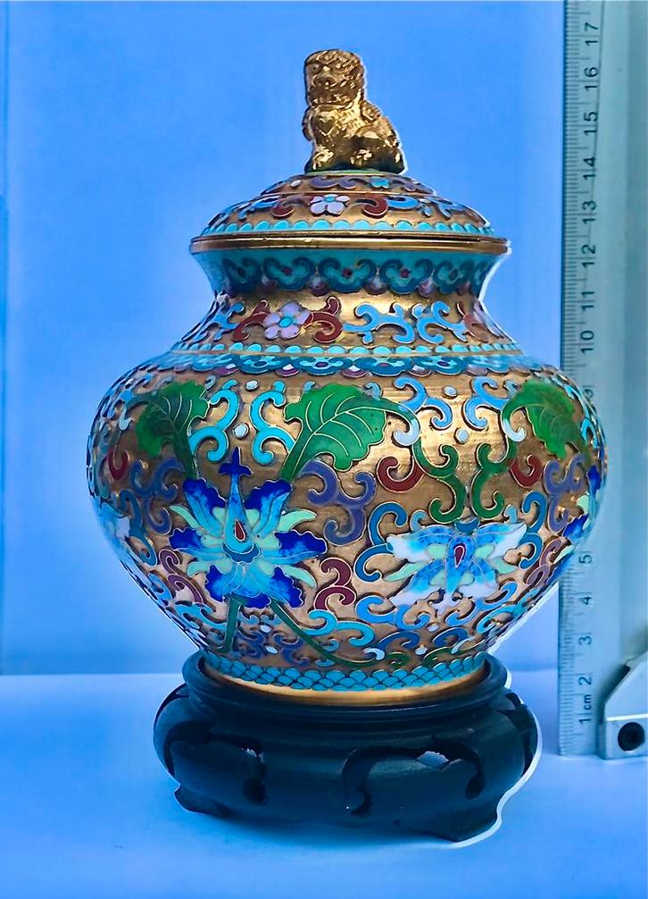 Chinese gemberpot met tempelleeuw brons champleve techniek, Antiek en Kunst, Antiek | Vazen, Ophalen of Verzenden