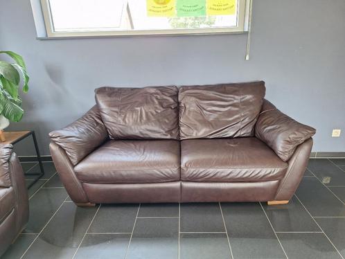 Zetel - sofa - bruin - leer - leder, Huis en Inrichting, Zetels | Zetels, Gebruikt, Rechte bank, Tweepersoons, 200 tot 250 cm