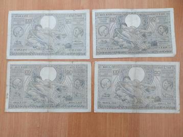 Geld, 4 oude Belgische bankbiljetten 100 francs, 20 belgas beschikbaar voor biedingen