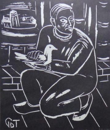 PROSPER DE TROYER / DUIVENMELKER / ZW-W LINOSNEDE / 36x31cm beschikbaar voor biedingen