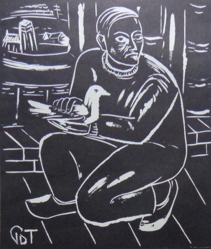 PROSPER DE TROYER / DUIVENMELKER / ZW-W LINOSNEDE / 36x31cm, Antiek en Kunst, Kunst | Litho's en Zeefdrukken, Ophalen of Verzenden