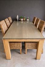 Eettafel met glazen blad en 6 stoelen, Huis en Inrichting, Complete eetkamers, Ophalen, Gebruikt, Landelijk, 4 tot 6 stoelen