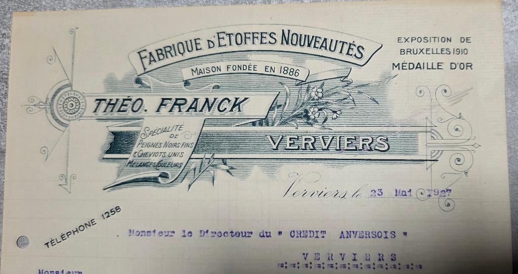 1927+Verviers+Théo Franck+Textile+Lithographie+LAS, Collections, Cartes postales | Belgique, Enlèvement ou Envoi, 1920 à 1940