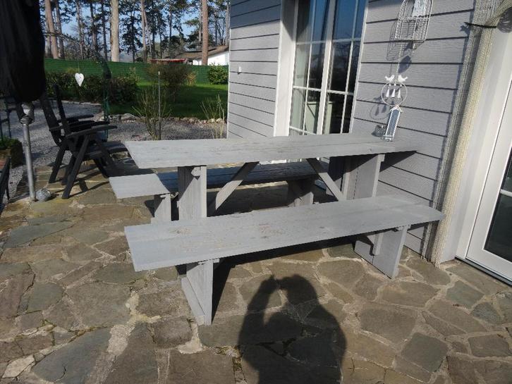 Ensemble de jardin robuste pour 6 pers en bois d'échafaudage, Jardin & Terrasse, Tables de pique-nique, Utilisé, Rectangulaire