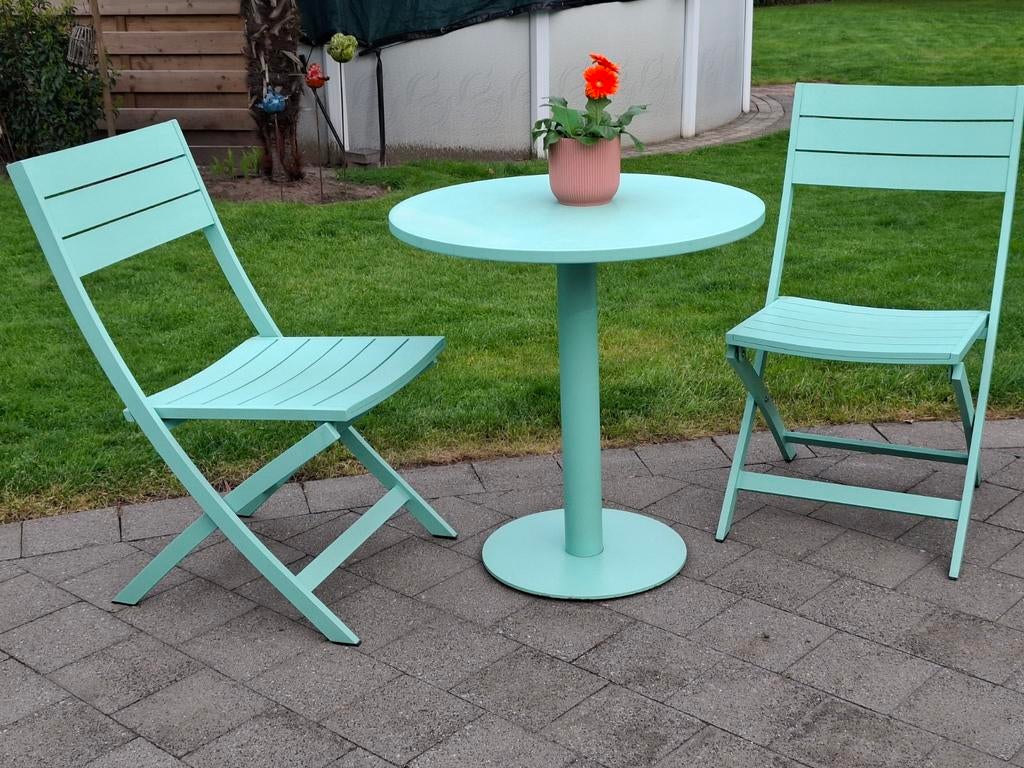 Mooie groen metalen  bistro setje, Gebruikt, Bijzettafel, Aluminium, Tuinset