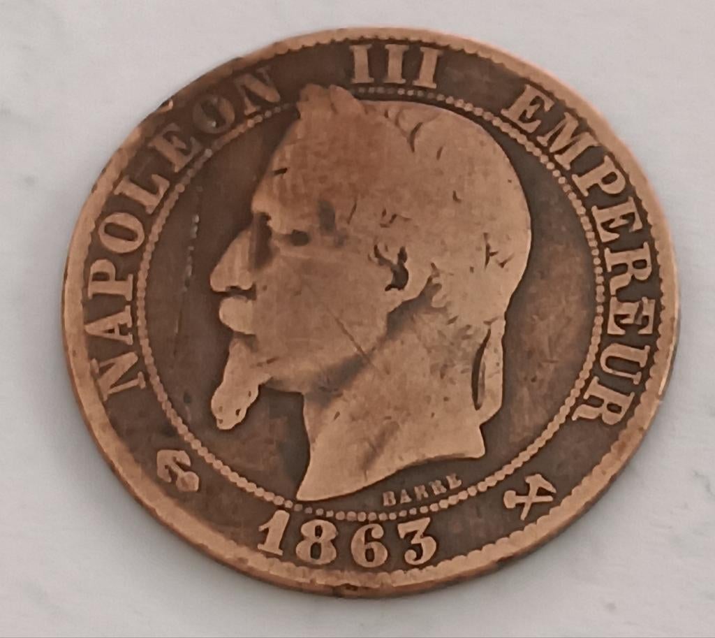 5 centime Napoléon Napoléon III tête de lauree 1863, Enlèvement, Bronze