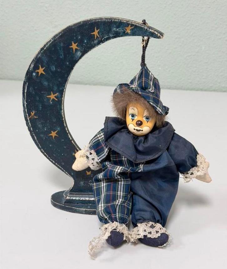 Vintage clown pop op maan – decoratief beeld – 24 cm hoog, Verzamelen, Poppetjes en Figuurtjes, Zo goed als nieuw, Ophalen of Verzenden