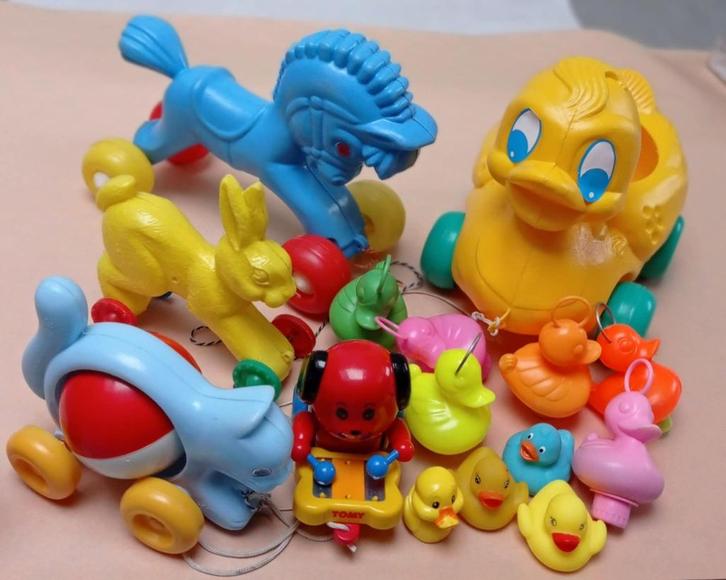 Vintage trek dieren eend (paasmand)-kat-paard-konijn-hond, Kinderen en Baby's, Speelgoed | Overig, Gebruikt, Ophalen