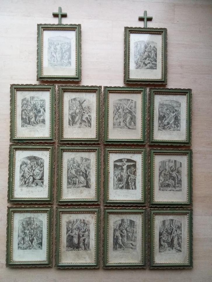 Antieke kruisweg de 14 staties (Leeuwergem), Antiek en Kunst, Antiek | Religieuze voorwerpen, Ophalen of Verzenden