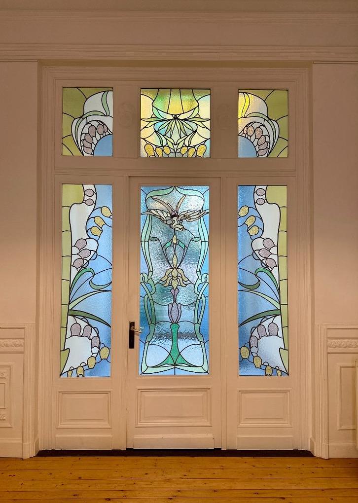 Art Nouveau Glas In Lood Deur, Antiek en Kunst, Antiek | Glaswerk en Kristal, Ophalen