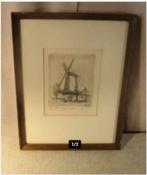 Mooie Oude Ets 'Grote Windmolen' - gesigneerd, Ophalen of Verzenden