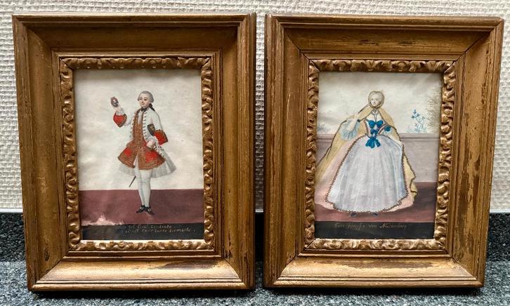 2 midden 19de eeuwse portretminiaturen in 18e-eeuwse mode, Antiek en Kunst, Kunst | Schilderijen | Klassiek, Ophalen of Verzenden