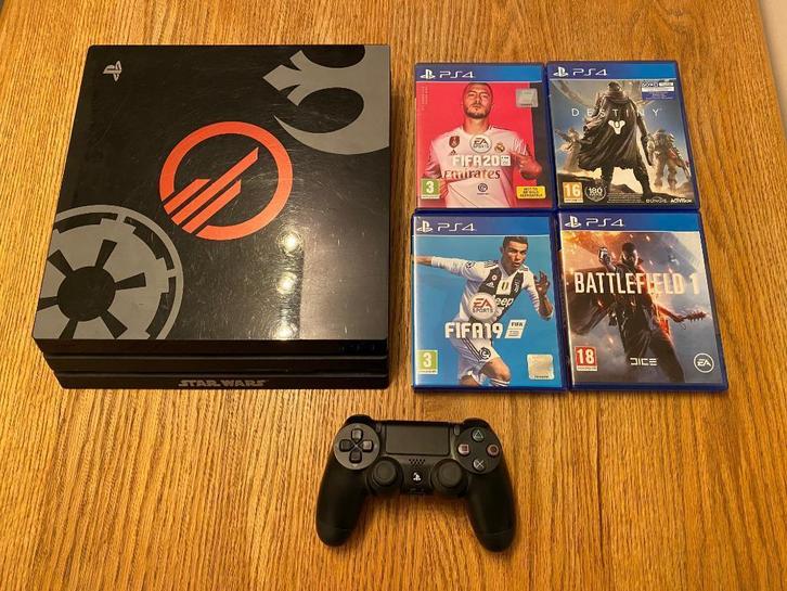 S4 Pro Star Wars Editie 1TB SSD + 4 Games, Games en Spelcomputers, Spelcomputers | Sony PlayStation 4, Gebruikt, Pro, 1 TB, Met 1 controller