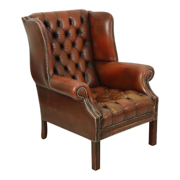 Oude Chesterfield Zetel Bruin Leder Wingchair Oorfauteuil, Antiek en Kunst, Antiek | Meubels | Stoelen en Sofa's, Ophalen