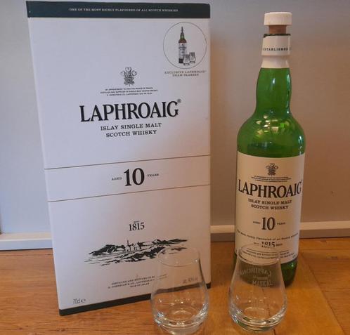 Bouteille vide Laphroaig Islay Single Malt 10 ans+verres+boî, Collections, Verres & Petits Verres, Utilisé, Enlèvement ou Envoi