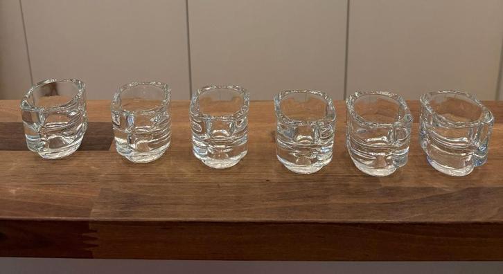6 Design schnapsglazen, kaarshouder, eierdop, Verzamelen, Porselein, Kristal en Bestek, Zo goed als nieuw, Glas of Glazen, Kristal