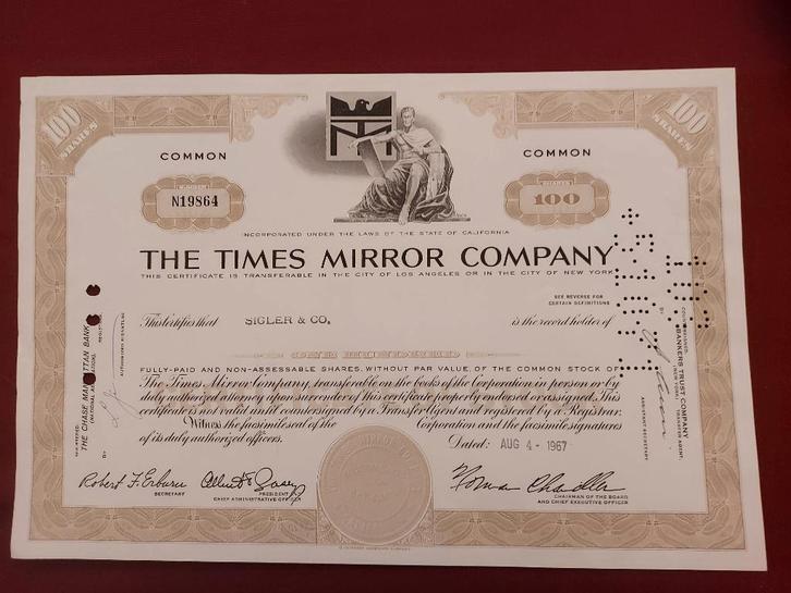 Vintage aandeel "The Times Mirror Company", 1967, Postzegels en Munten, Aandelen en Waardepapieren, Aandeel, 1950 tot 1970, Ophalen of Verzenden