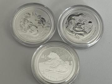 3 zilveren munten 1/2oz Lunar II serie 2010/2012/2016, Enlèvement ou Envoi, Monnaie en vrac, Argent
