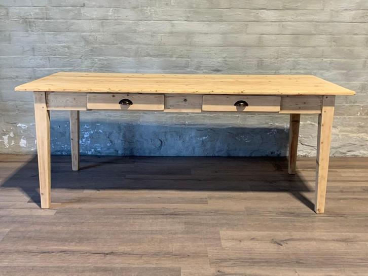 Oud Grenen boerentafel - 200 x 89 cm + 79 cm hoog / 2 lades, Maison & Meubles, Tables | Tables à manger, Comme neuf, 50 à 100 cm