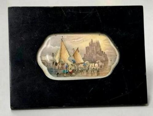 Antiek porselein kunst-art bordje in lijst - schip kasteel, Antiek en Kunst, Curiosa en Brocante, Ophalen of Verzenden