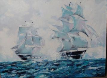 olieverfschilderij op doek "Schepen op zee" beschikbaar voor biedingen