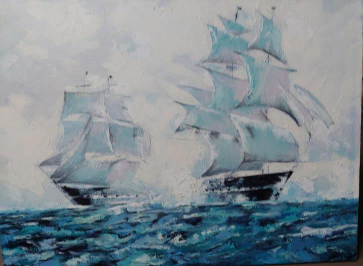 olieverfschilderij op doek "Schepen op zee", Antiek en Kunst, Kunst | Schilderijen | Klassiek, Ophalen
