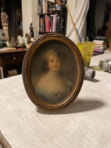 19e eeuwse miniatuur portret dame olie schilderij 