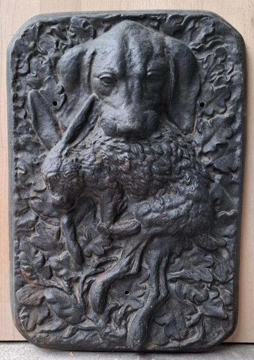 Oud Jachttafereel gietijzer hond haas konijn, Antiek en Kunst, Curiosa en Brocante, Ophalen