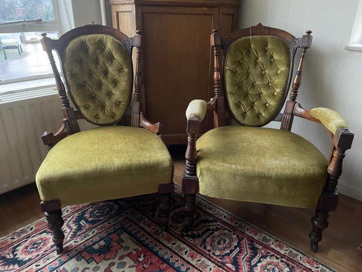 Antieke dames- en herenstoelfauteuil, Antiek en Kunst, Antiek | Meubels | Stoelen en Sofa's, Ophalen