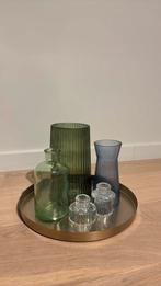 Set met gouden dienblad, 3 vazen en 2 kaarsenhouders, Huis en Inrichting, Woonaccessoires | Dienbladen, Ophalen, Zo goed als nieuw