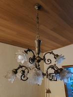 Vintage messing kroonluchter met 9 matglazen kapjes., Ophalen