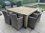Vierkante teak tuintafel met 8 wicker stoelen, Tuin en Terras, Ophalen, Gebruikt, Teakhout, 8 zitplaatsen