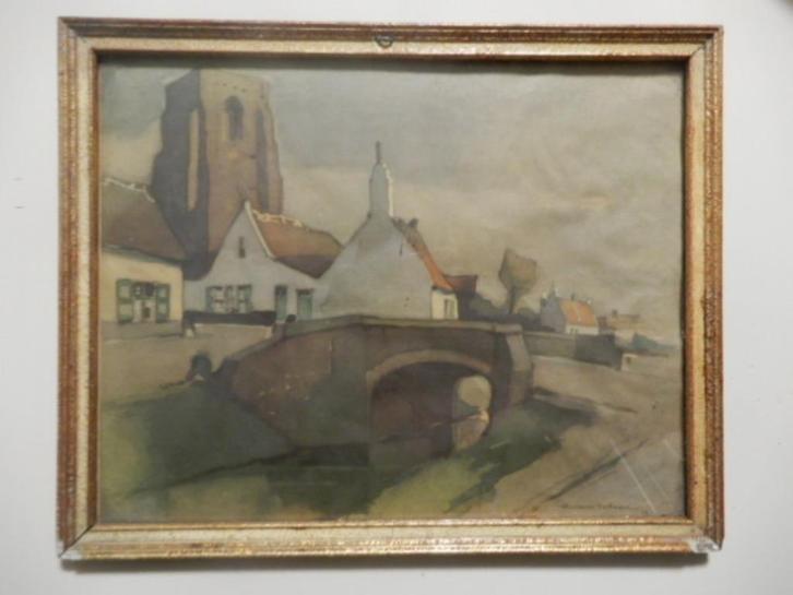 Aquarel Herman Verbaere, zicht op  Lissewege, Antiek en Kunst, Kunst | Schilderijen | Klassiek, Ophalen of Verzenden
