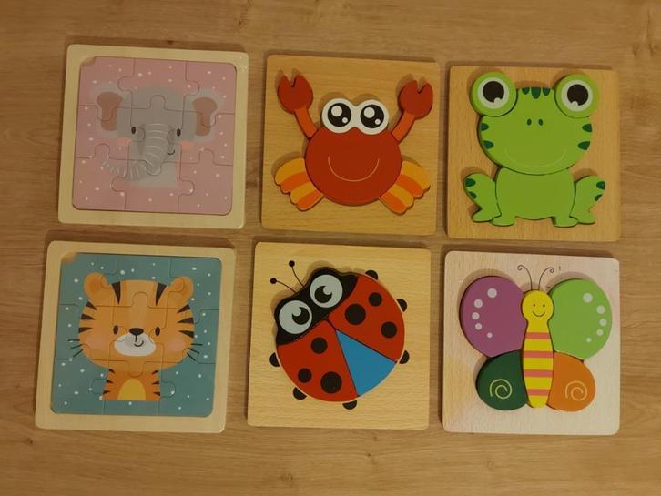 6 Houten inlegpuzzels, Kinderen en Baby's, Speelgoed | Kinderpuzzels, Zo goed als nieuw, 6 maanden tot 2 jaar, Minder dan 10 stukjes