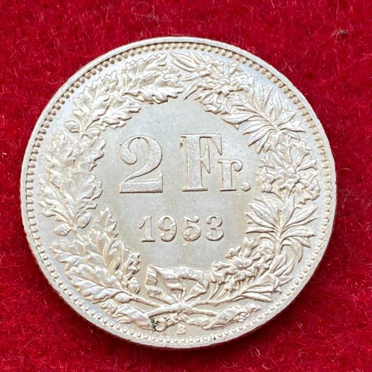 Oude zilveren Zwitserse munt van 2 frank uit 1953, Antiek en Kunst, Antiek | Zilver en Goud, Zilver, Ophalen of Verzenden