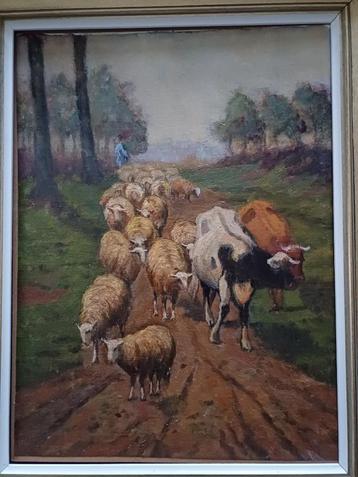 Schilderij 30x40 "Koeien en schapen" M.VAN DEN BEMPT beschikbaar voor biedingen