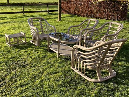 Vintage bamboe fauteuils 1970, lounge set Jordan Brown, Huis en Inrichting, Zetels | Complete zithoeken, Zo goed als nieuw, Riet of Rotan