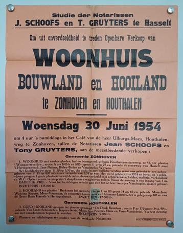 Affiche Notaris Woonhuis, bouwland en hooiland 1954 originee beschikbaar voor biedingen