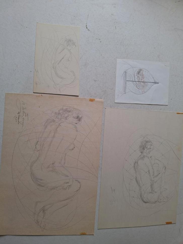Vier tekeningen van Joris Minne "In netlon gevangen" 1974, Antiek en Kunst, Kunst | Tekeningen en Fotografie, Ophalen of Verzenden